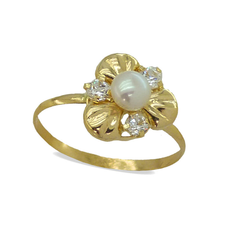 Anillo circonitas y perla comunión oro 18k
