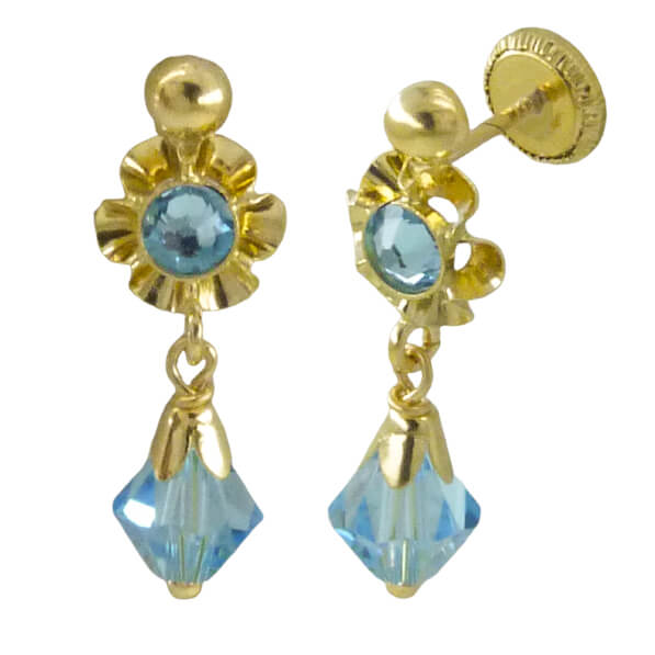 Pendientes arquillo cristal color aguamarina 20mm. oro 18k