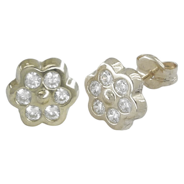 Pendientes comunión forma de flor lisa brillo circonitas oro blanco 18k