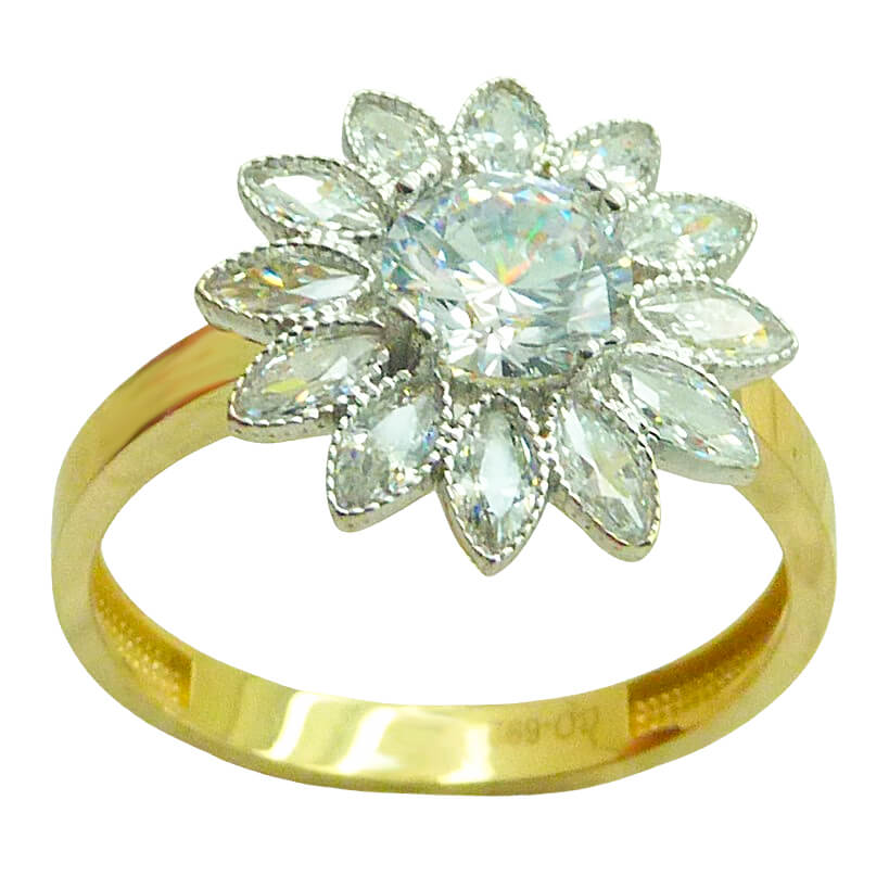 Anillo bicolor flor circonitas oro 18k