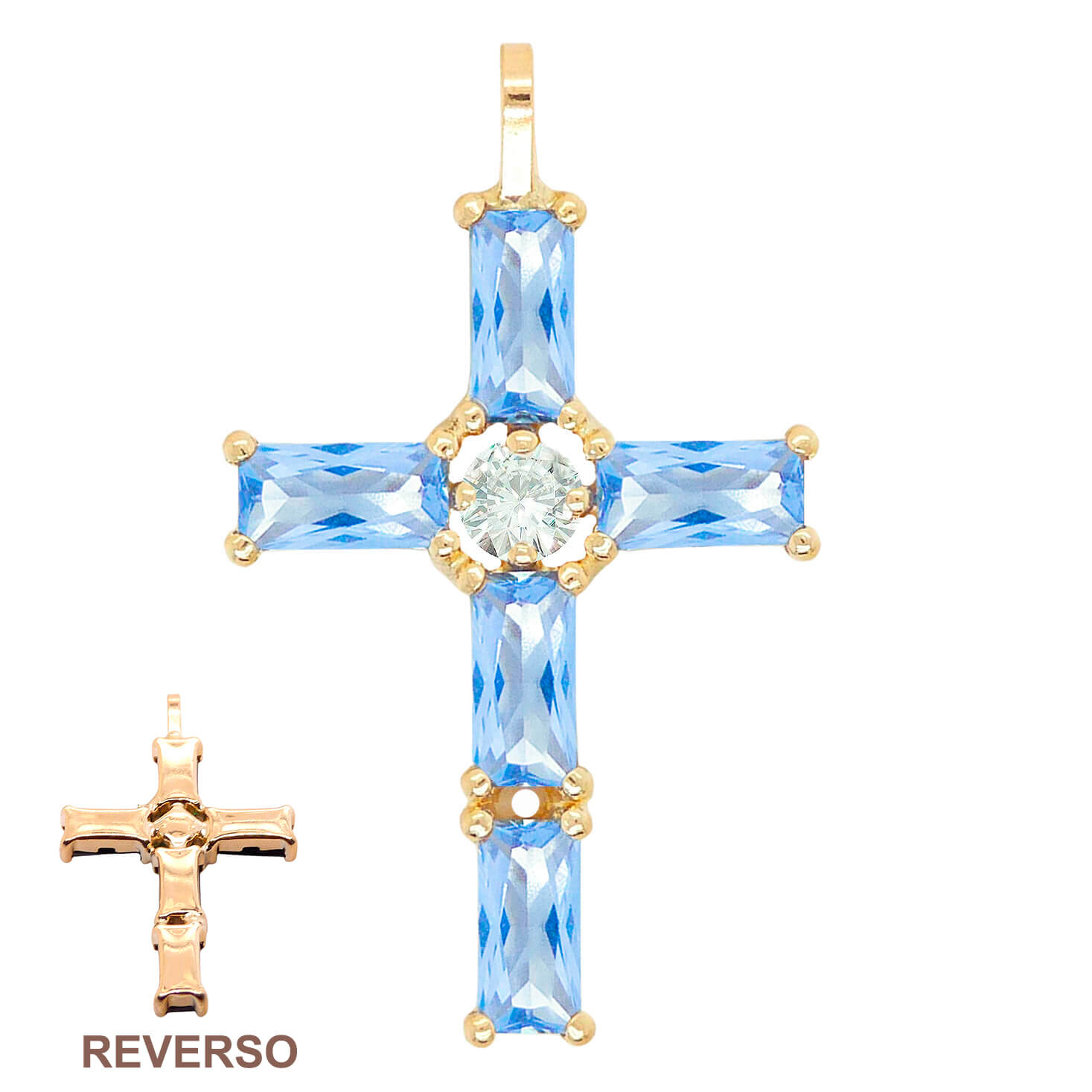 Colgante cruz baguette color aguamarina oro 18k