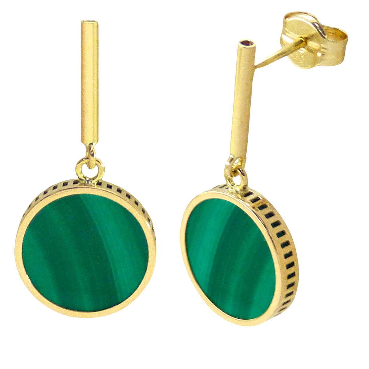 Pendientes redondel de malaquita 9mm y barra.