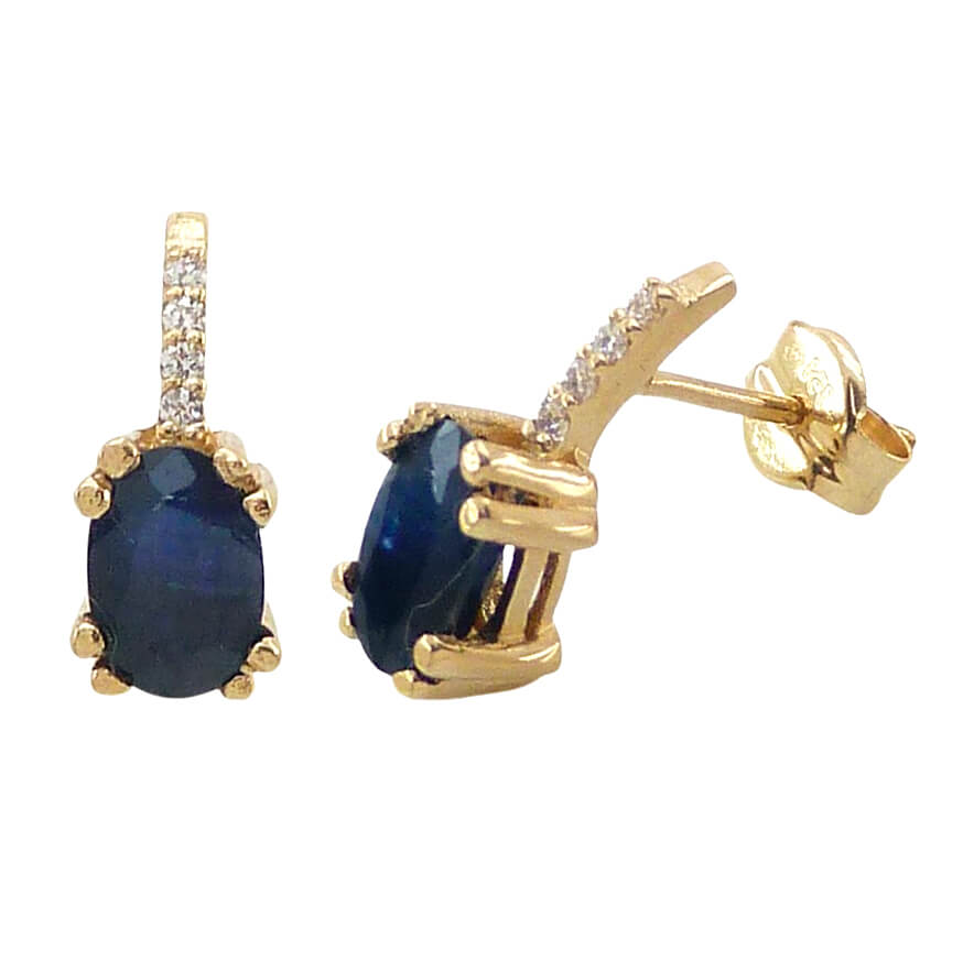 Pendientes zafiro oval 8 garras y diamantes oro 18k