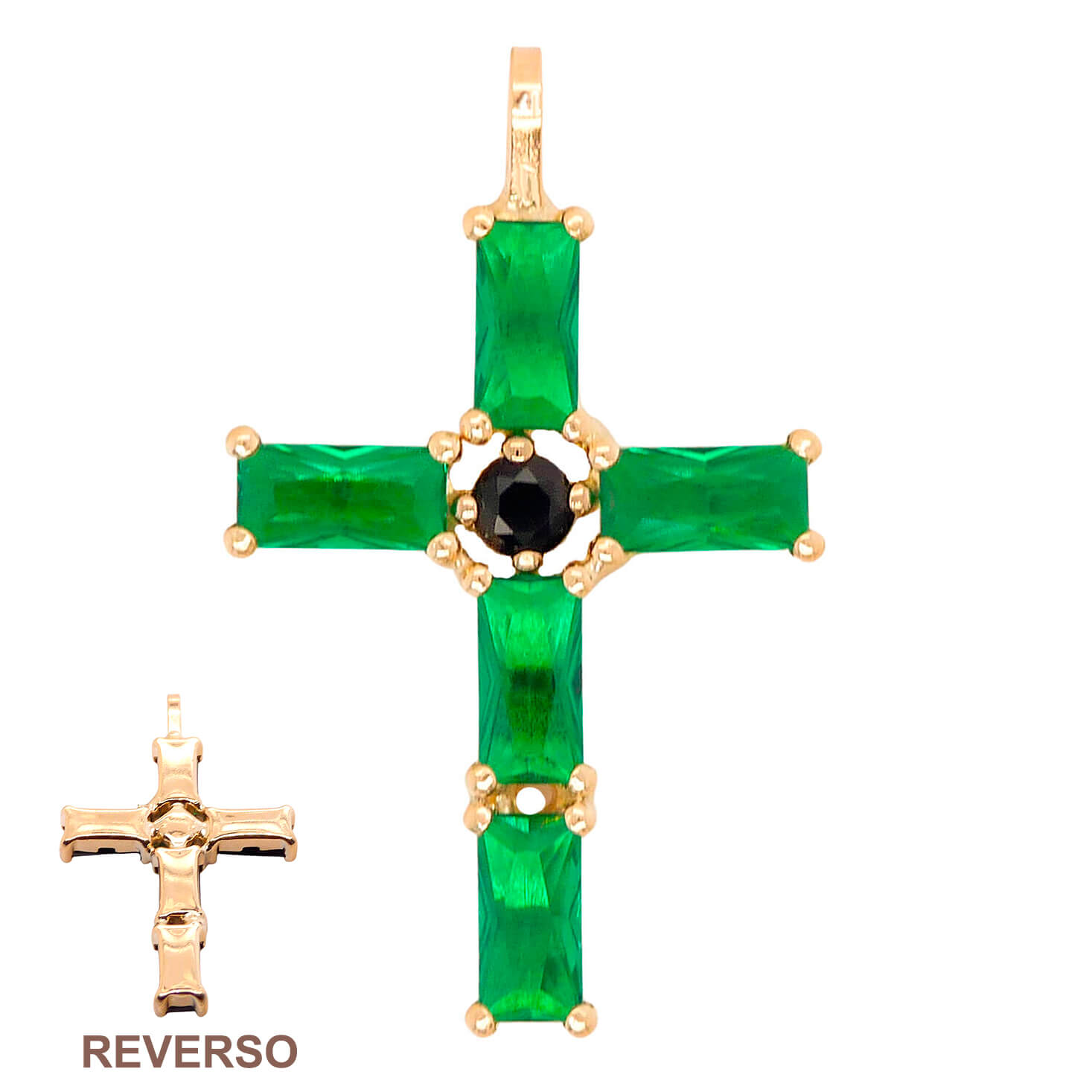 Colgante cruz baguette color esmeralda y negra oro 18k