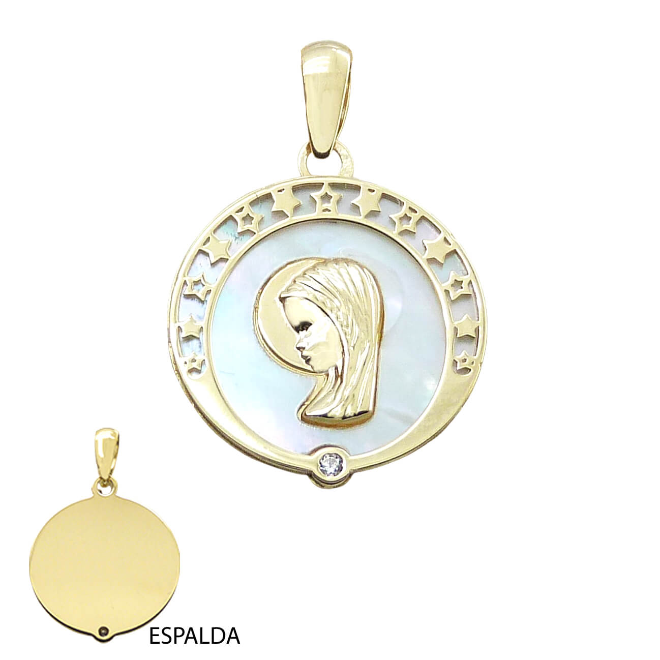Medalla comunión Virgen niña nácar y circonita oro 18k
