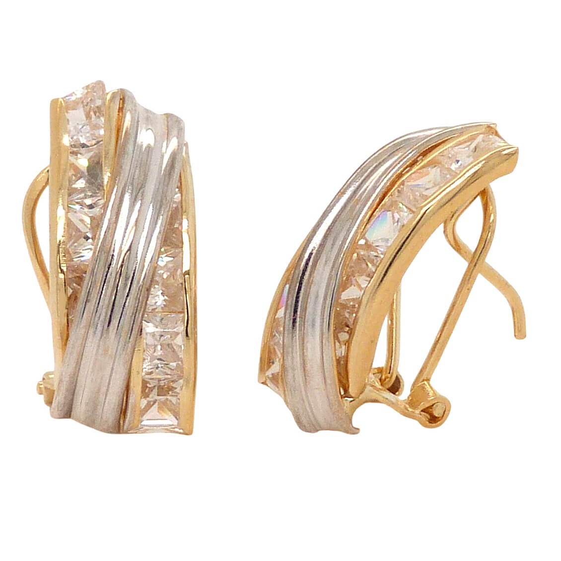 Pendientes bandas cruzadas bicolor circonitas carré oro 18k