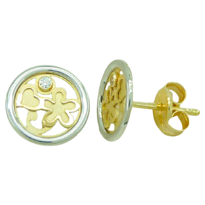 Pendientes bicolor redondos calados 8mm. oro 18k