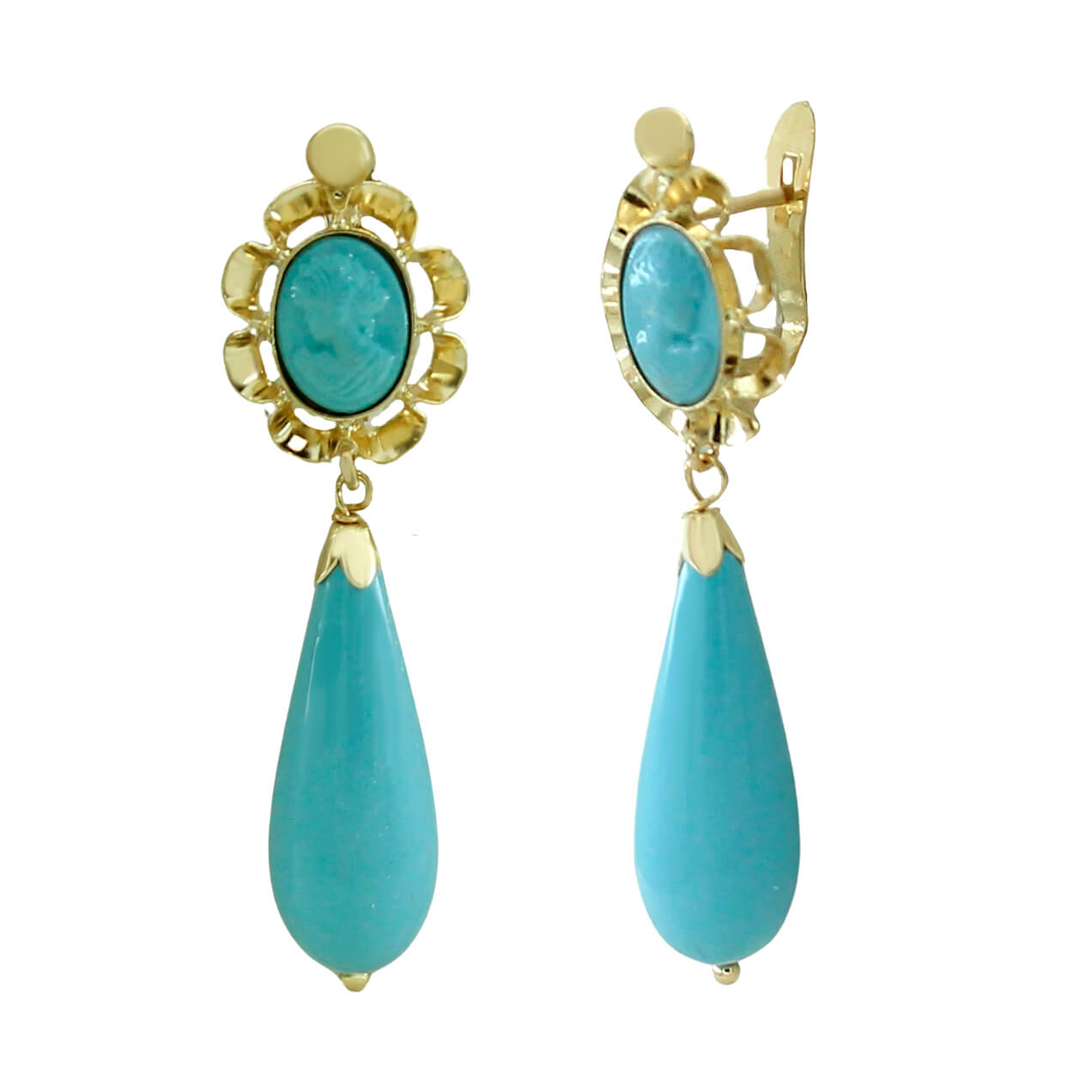 Pendientes arquillo camafeo chupon color turquesa oro 18k