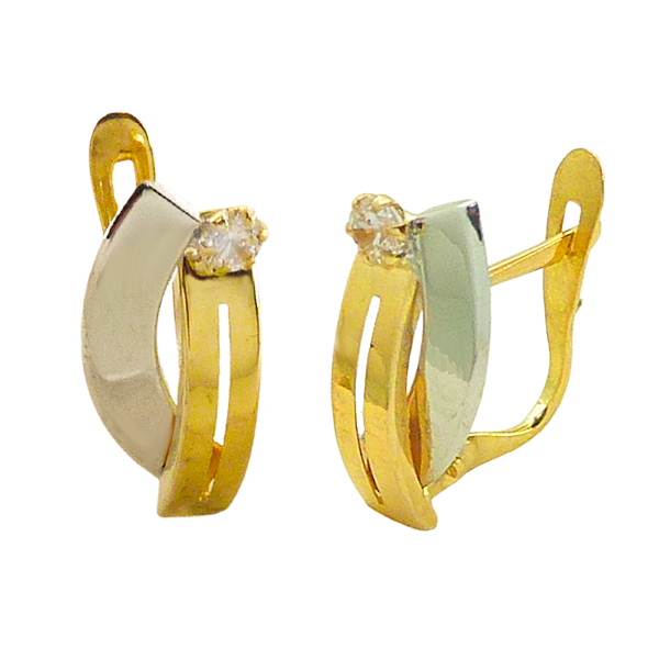 Pendientes oro bicolor bandas brillo y circonitas oro 18k
