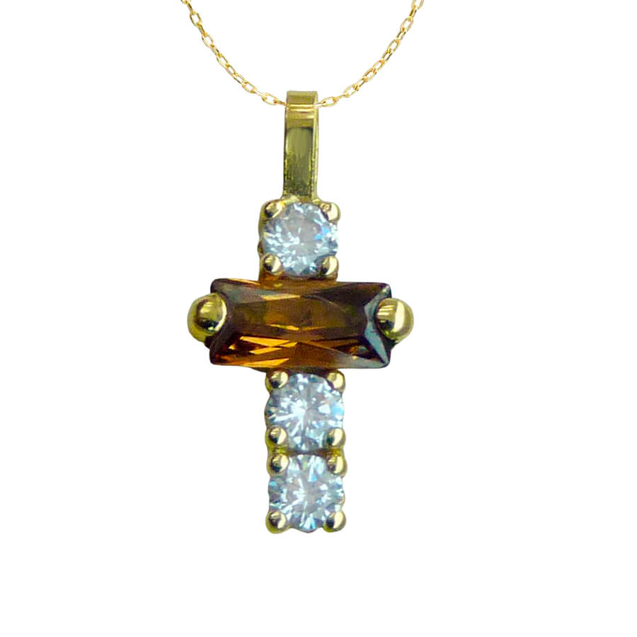 Gargantilla cruz baguette color topacio y circonitas oro 18k