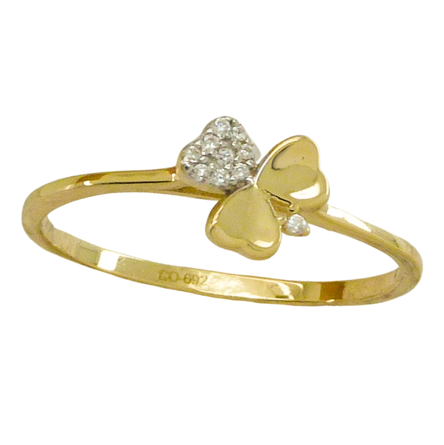 Anillo brillo liso trébol de tres hojas y circonitas oro 18k