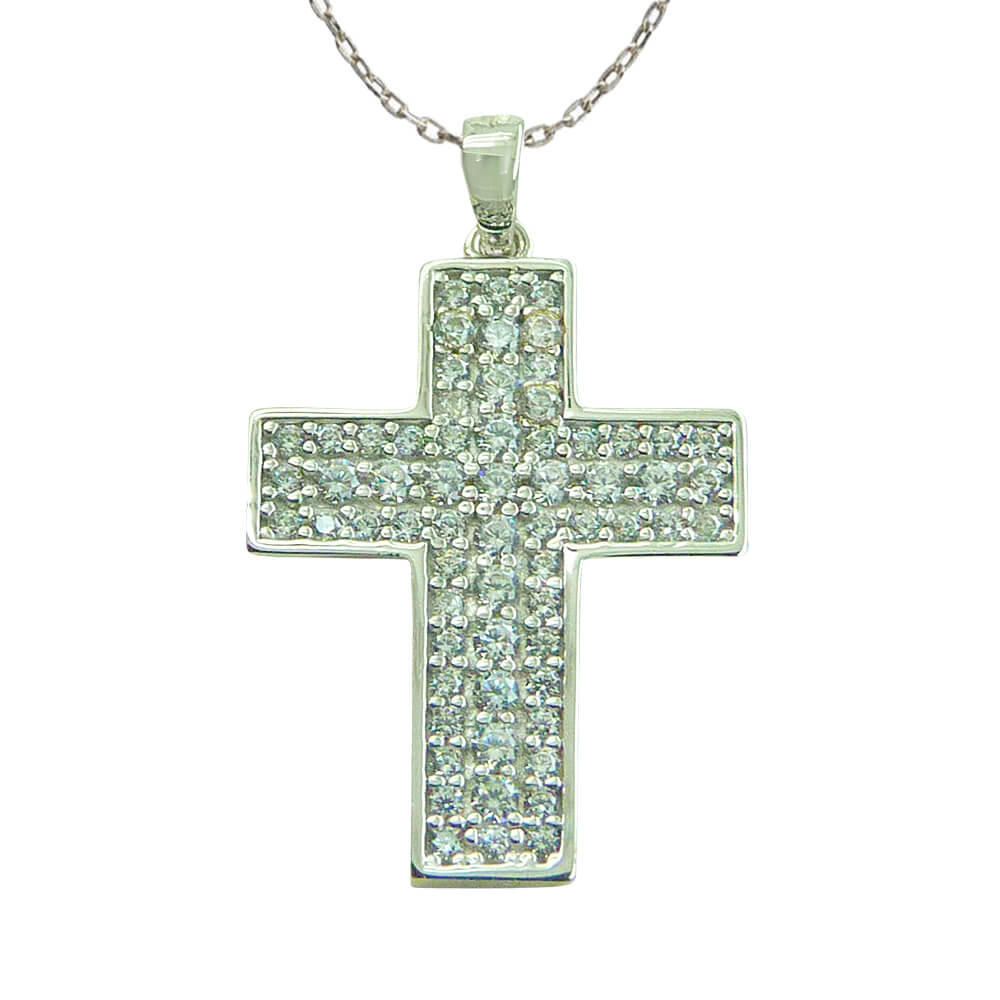 Gargantilla cruz brillo con circonitas en oro blanco 18k
