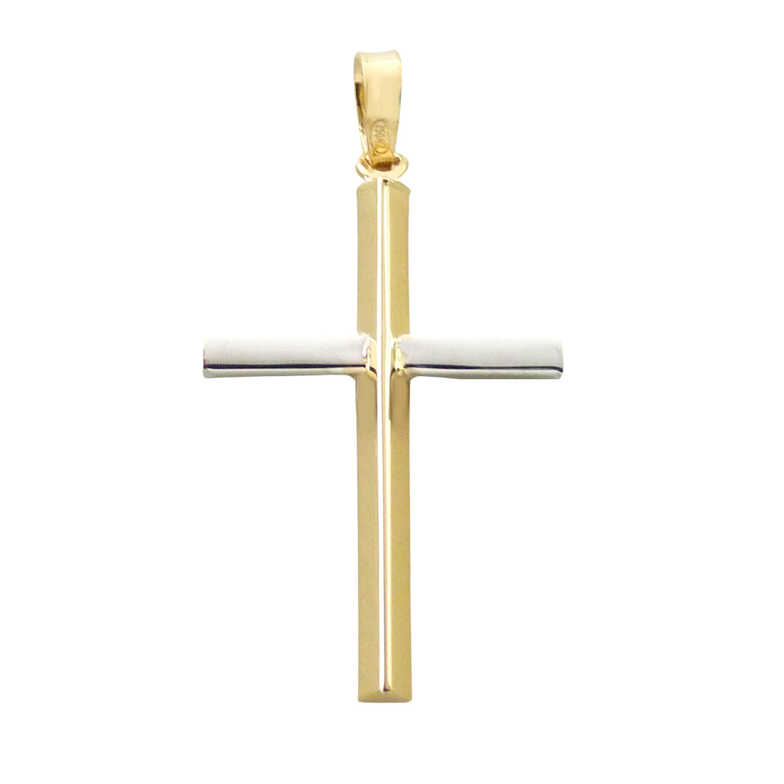 Cruz tubo sin cristo bicolor brillo oro 18k