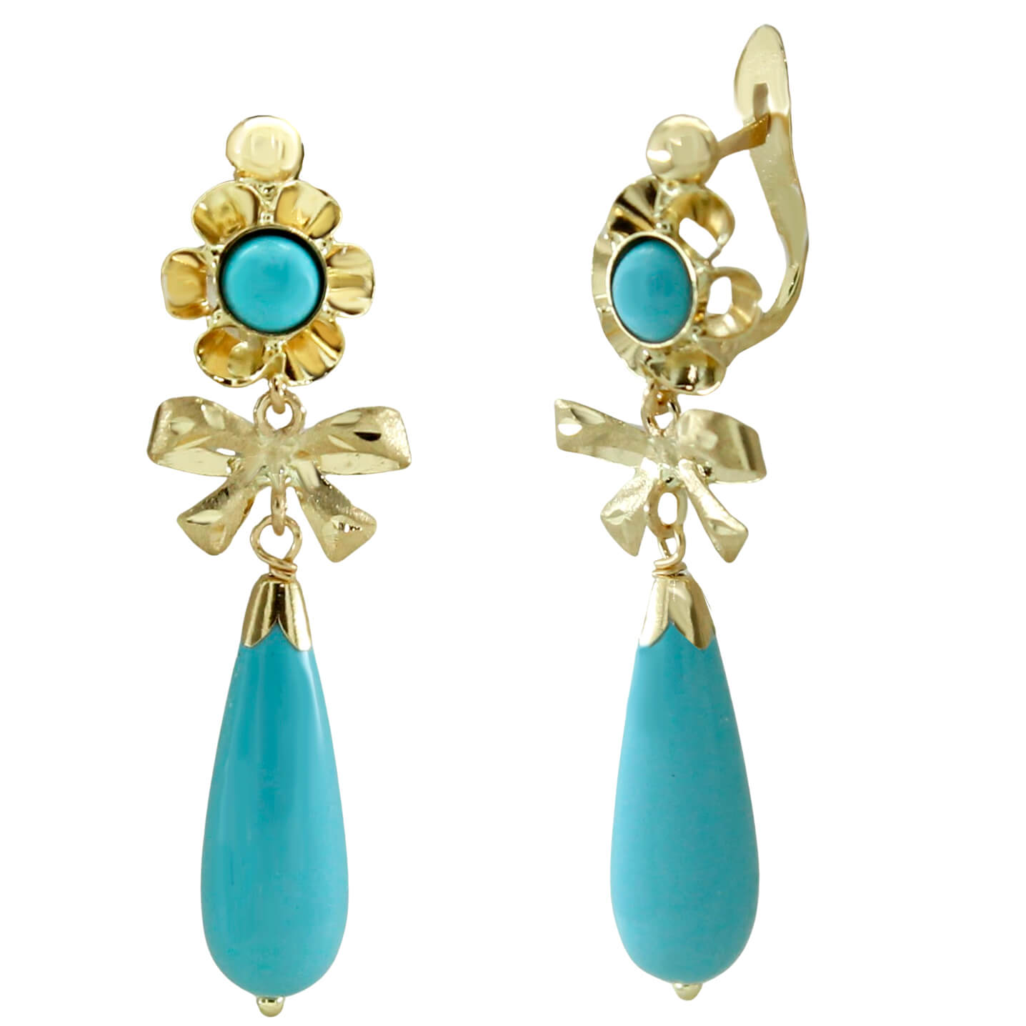 Pendientes arquillo chupón color turquesa moña medida 35mm.oro 18k