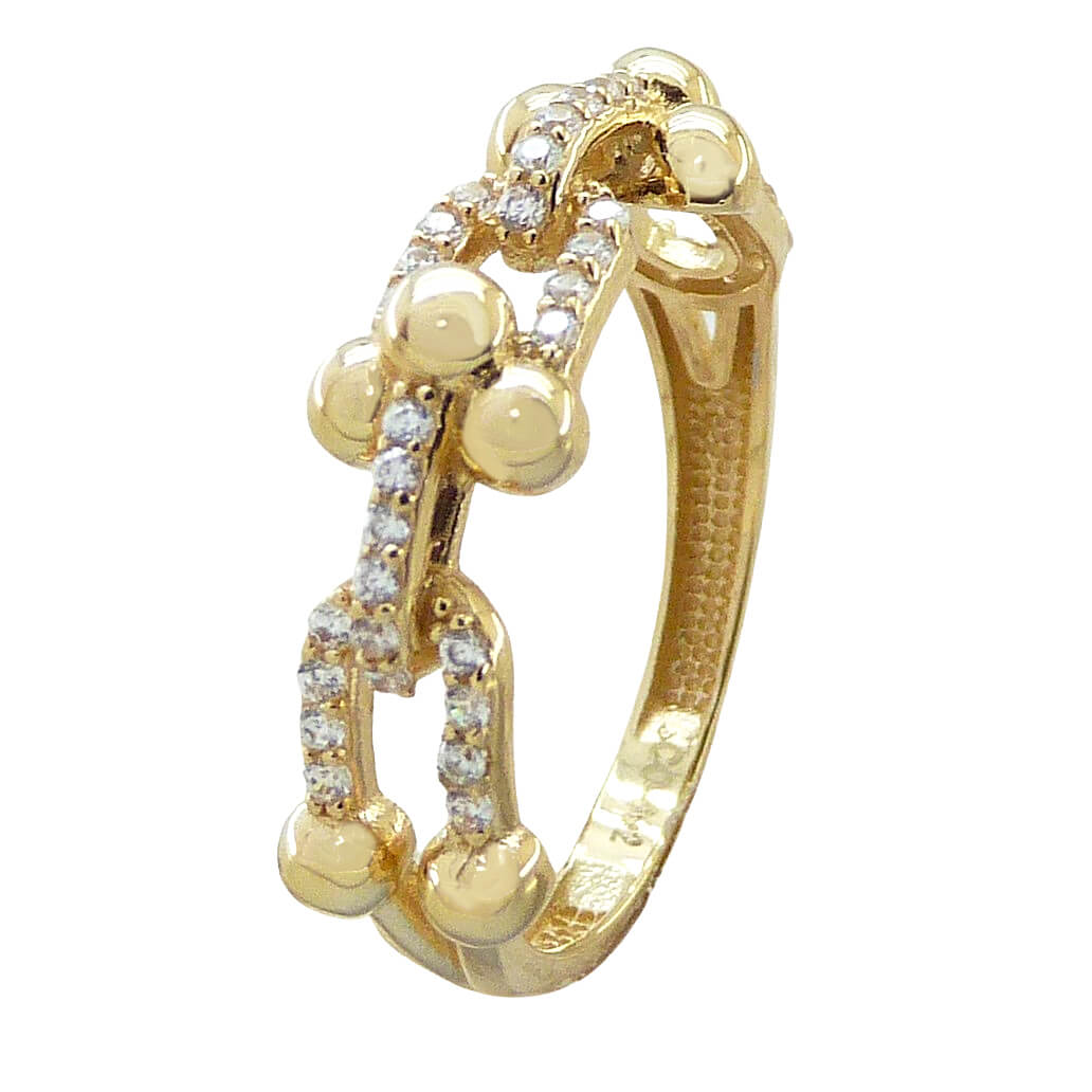 Anillo bolas y eslabones con circonitas oro 18k