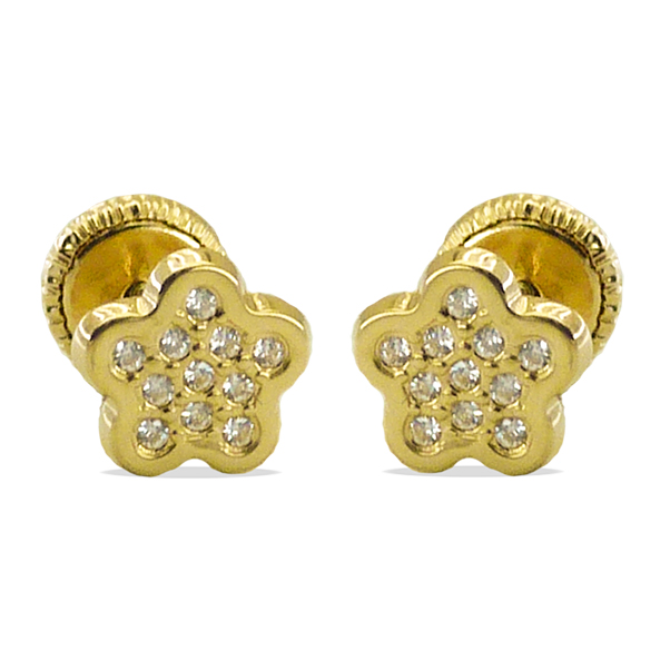 Pendientes flor lisa brillo circonitas oro 18k