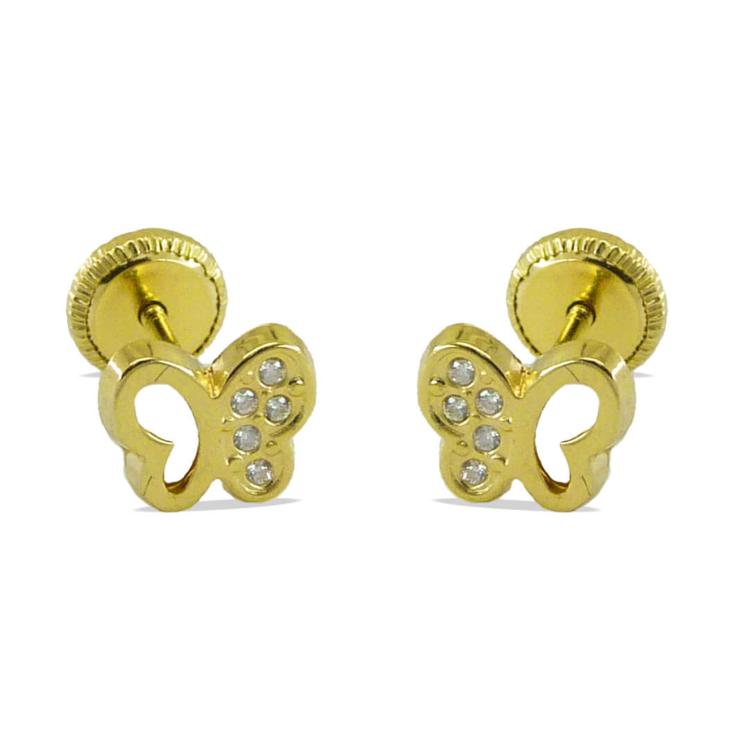 Pendientes circonitas y mariposa calada brillo oro 18k