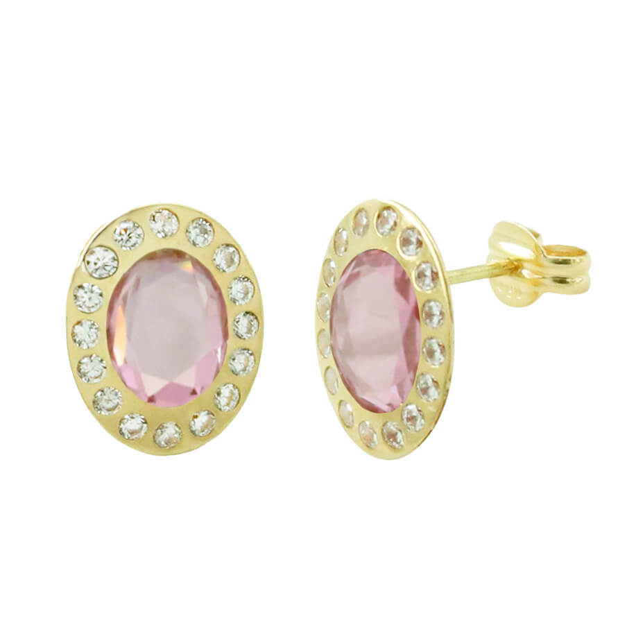 Pendientes oval piedra rosa circonitas oro 18k