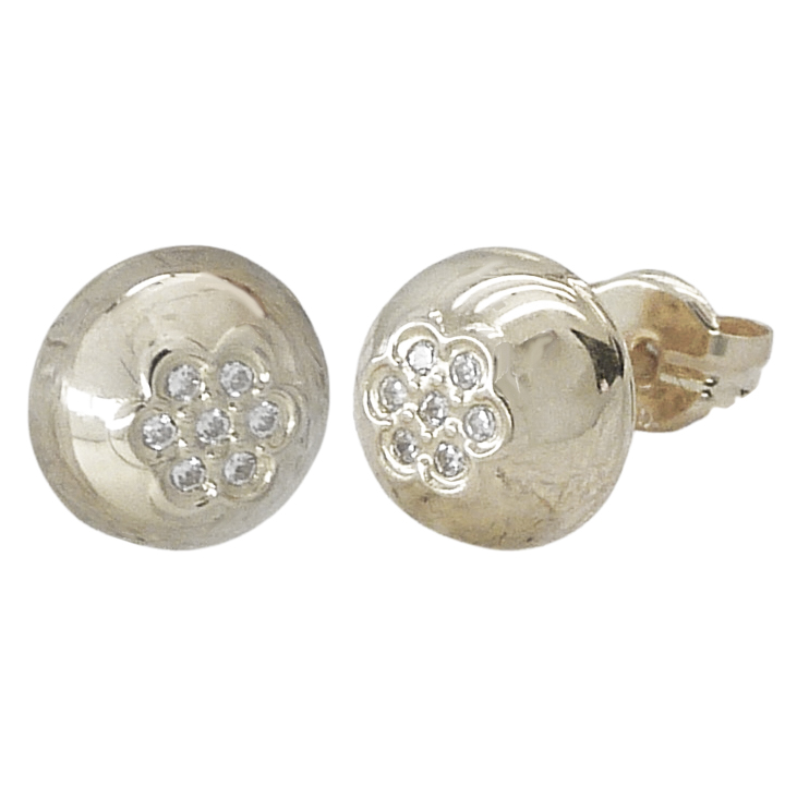 Pendientes media bola y circonitas en oro blanco de 18k