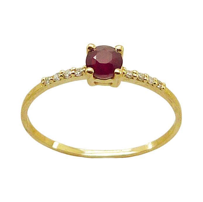 Anillo rubí redondo 4 garras diamantes oro 18k