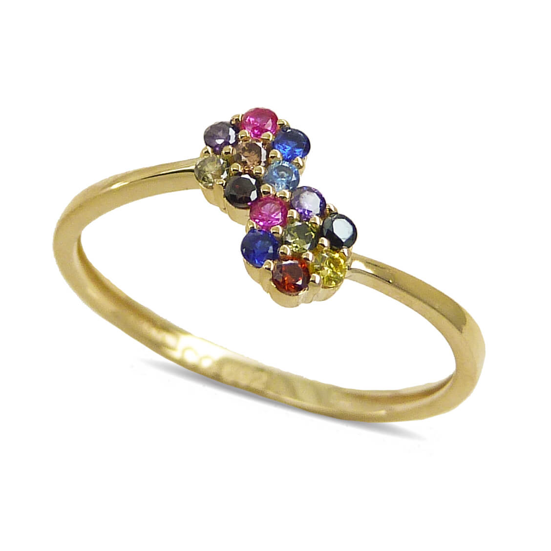 Anillo fino brillo flor con circonitas de colores oro 18k