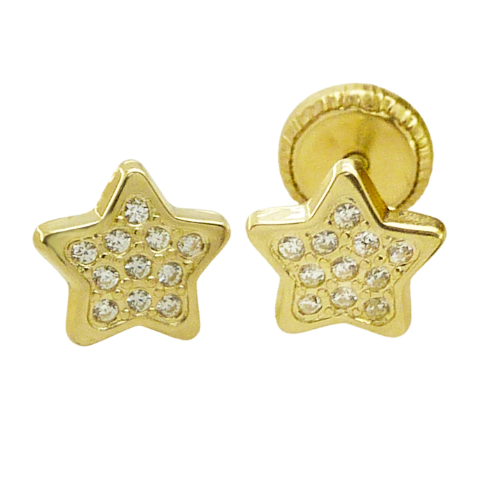 Pendientes estrella brillo con circonitas 6mm. oro 18k