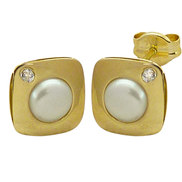 Pendientes comunión cuadrados perla y circonita oro 18k