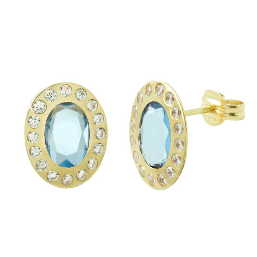 Pendientes oval piedra color aguamarina y circonitas oro 18k