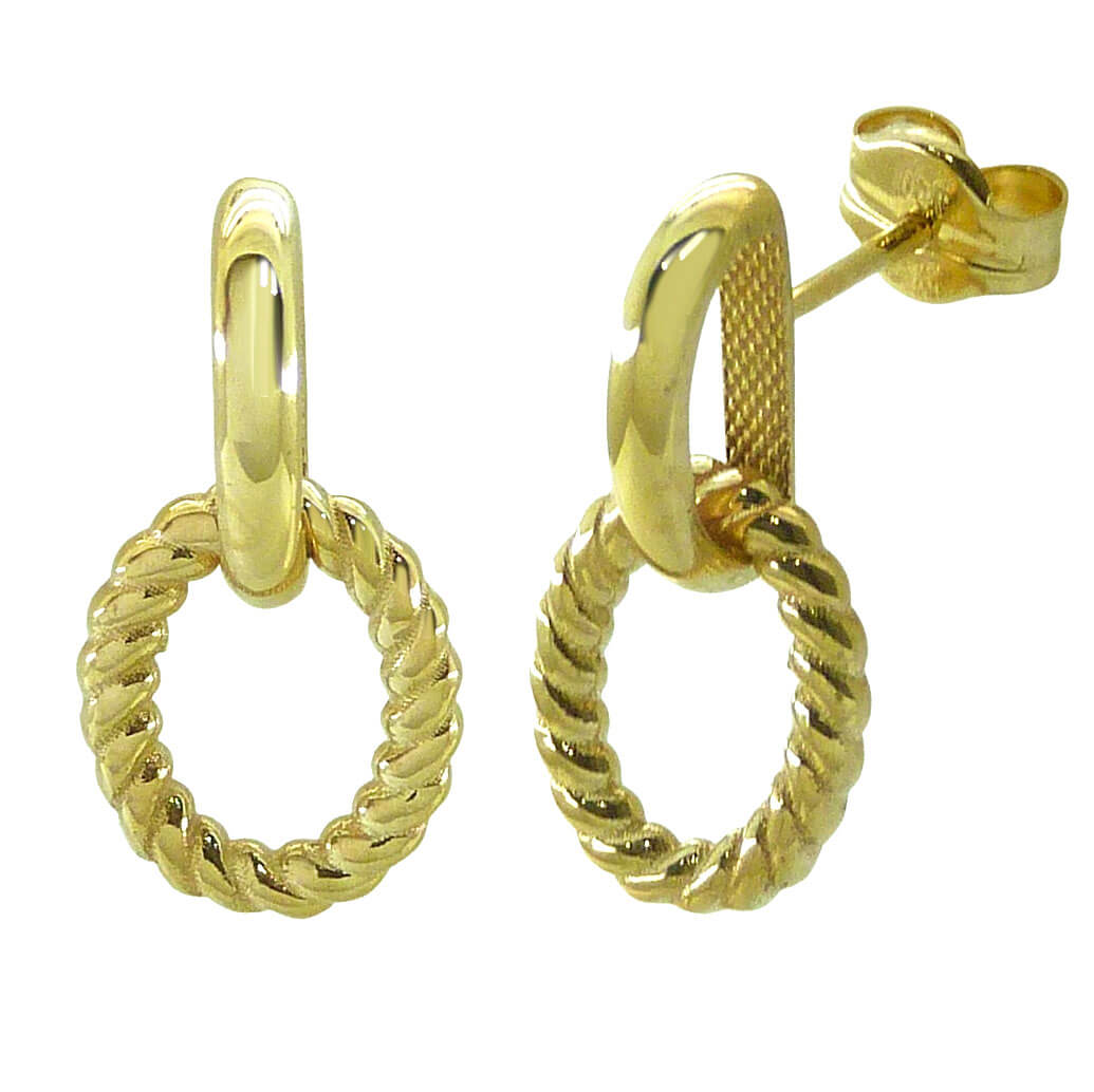 Pendientes largos doble aro oval rizado oro 18k