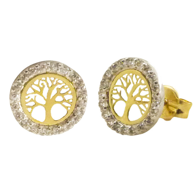 Pendientes árbol de la vida 8mm circonitas oro 18k