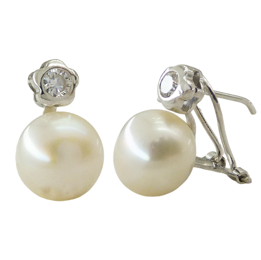 Pendientes flor circonita medida 3mm y perla medida 9-9,5mm.oro blanco 18k