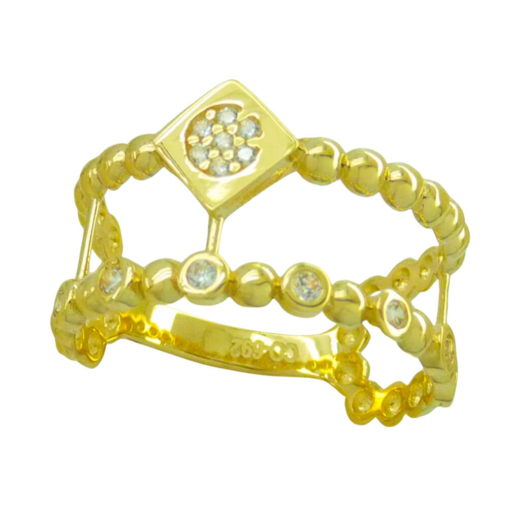 Anillo doble cuerpo brillo y circonitas oro 18k