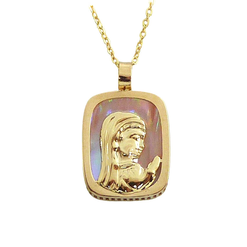 Gargantilla con nácar rosa y virgen oro 18k