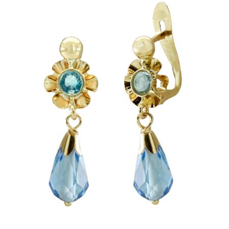 Pendientes arquillo cristal color aguamarina 20mm. oro 18k