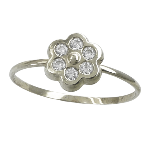 Anillo comunión fino brillo forma de flor y circonitas oro blanco 18k