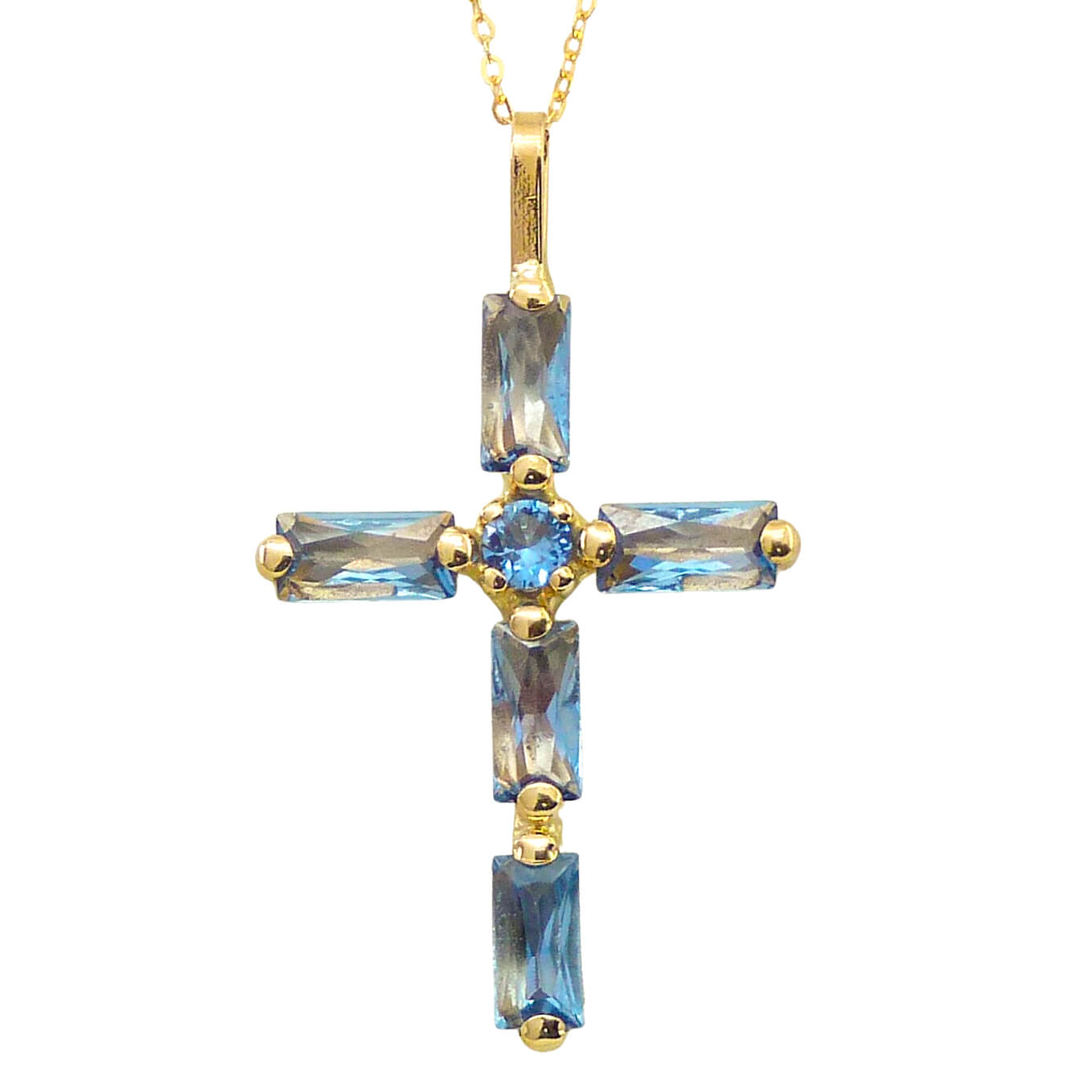 Gargantilla cruz piedras baguete color aguamarina oro 18k