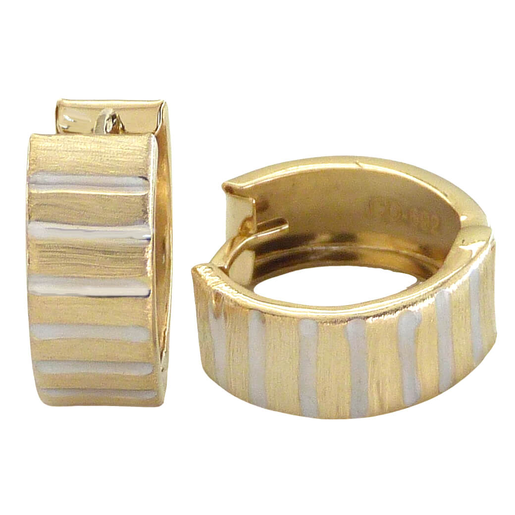 Aros huggies bicolor tallados matizados oro 18k