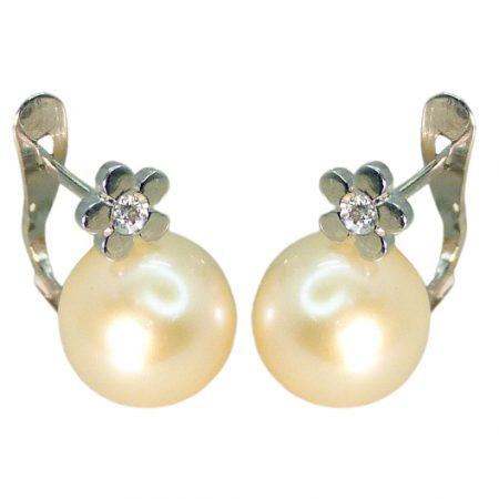 Pendientes margarita con diamante y perla oro blanco 18k
