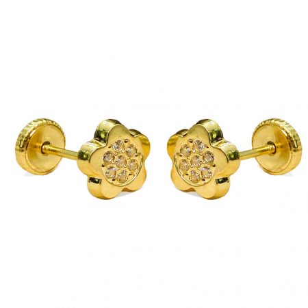 Pendientes flor lisa brillo circonitas 7mm. oro 18k