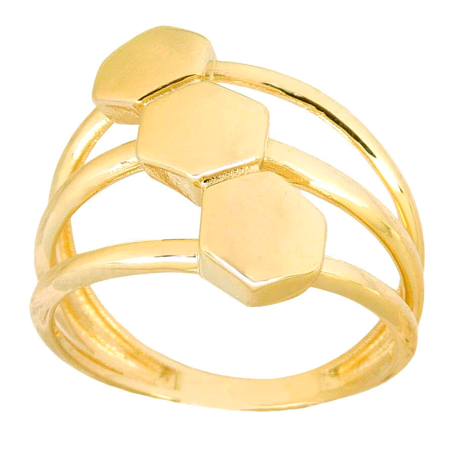 Anillo 3 aros con hexágonos brillo liso oro 18k