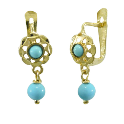 Pendientes arquillo bola color turquesa tallados oro 18k