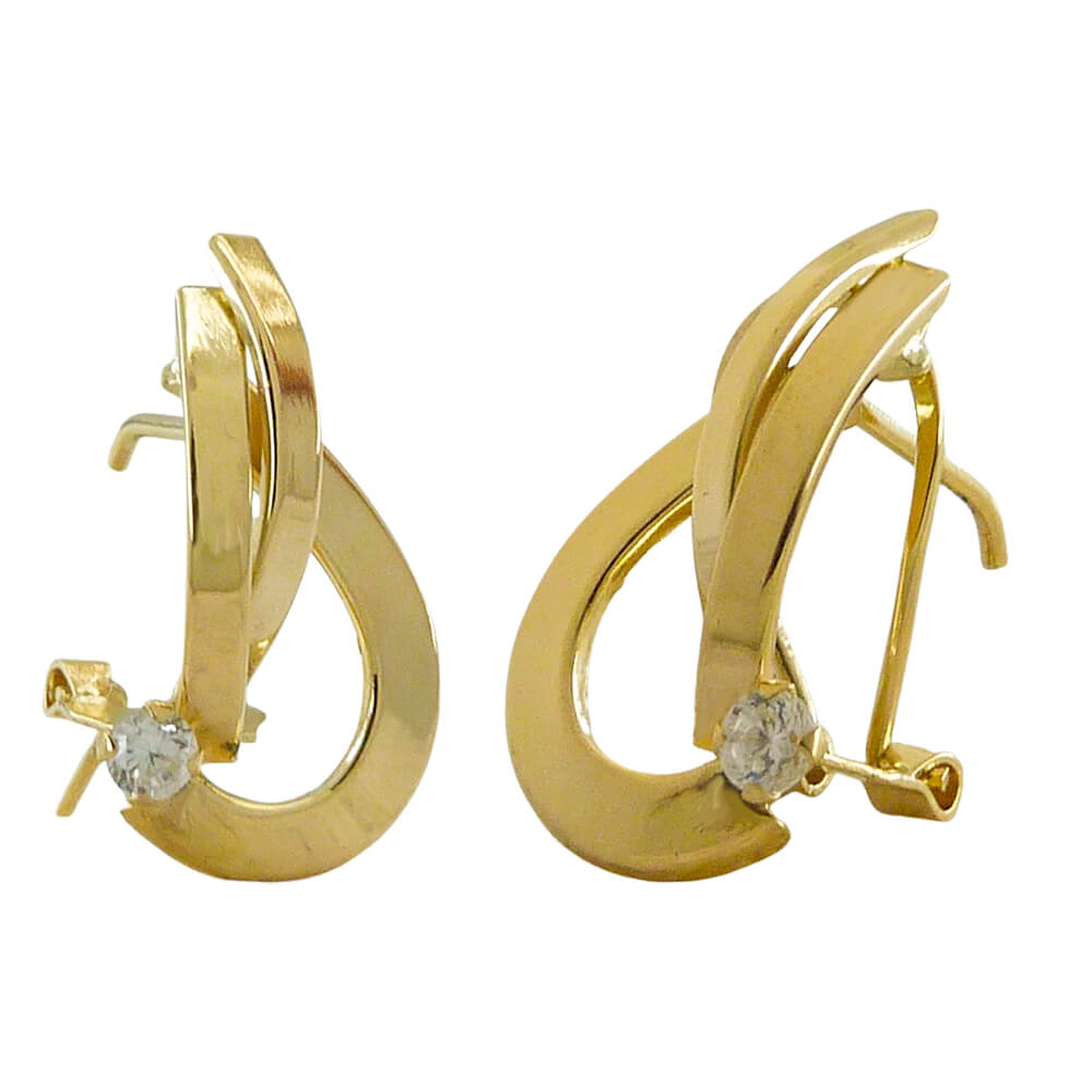 Pendientes bandas cruzadas brillo y circonita oro 18k