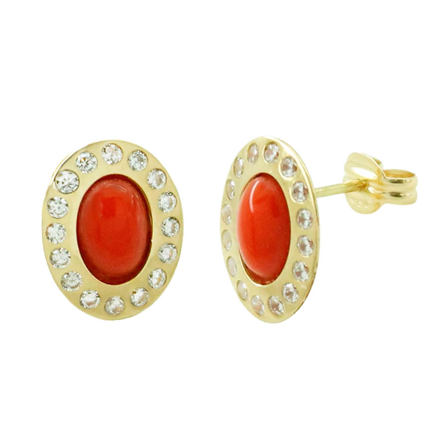 Pendientes oval color coral y circonitas oro 18k
