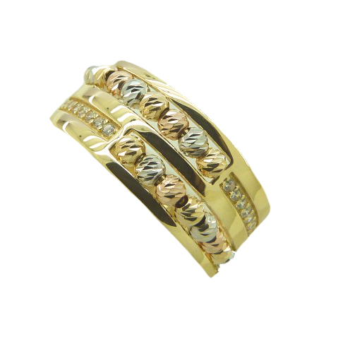 Anillo bolas talladas tricolor y circonitas oro 18k