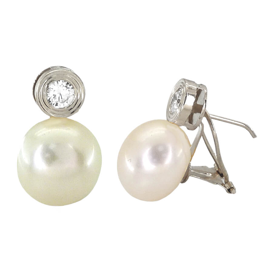 Pendientes chatón 7'5mm,perla botón 12mm.Oro blanco 18k