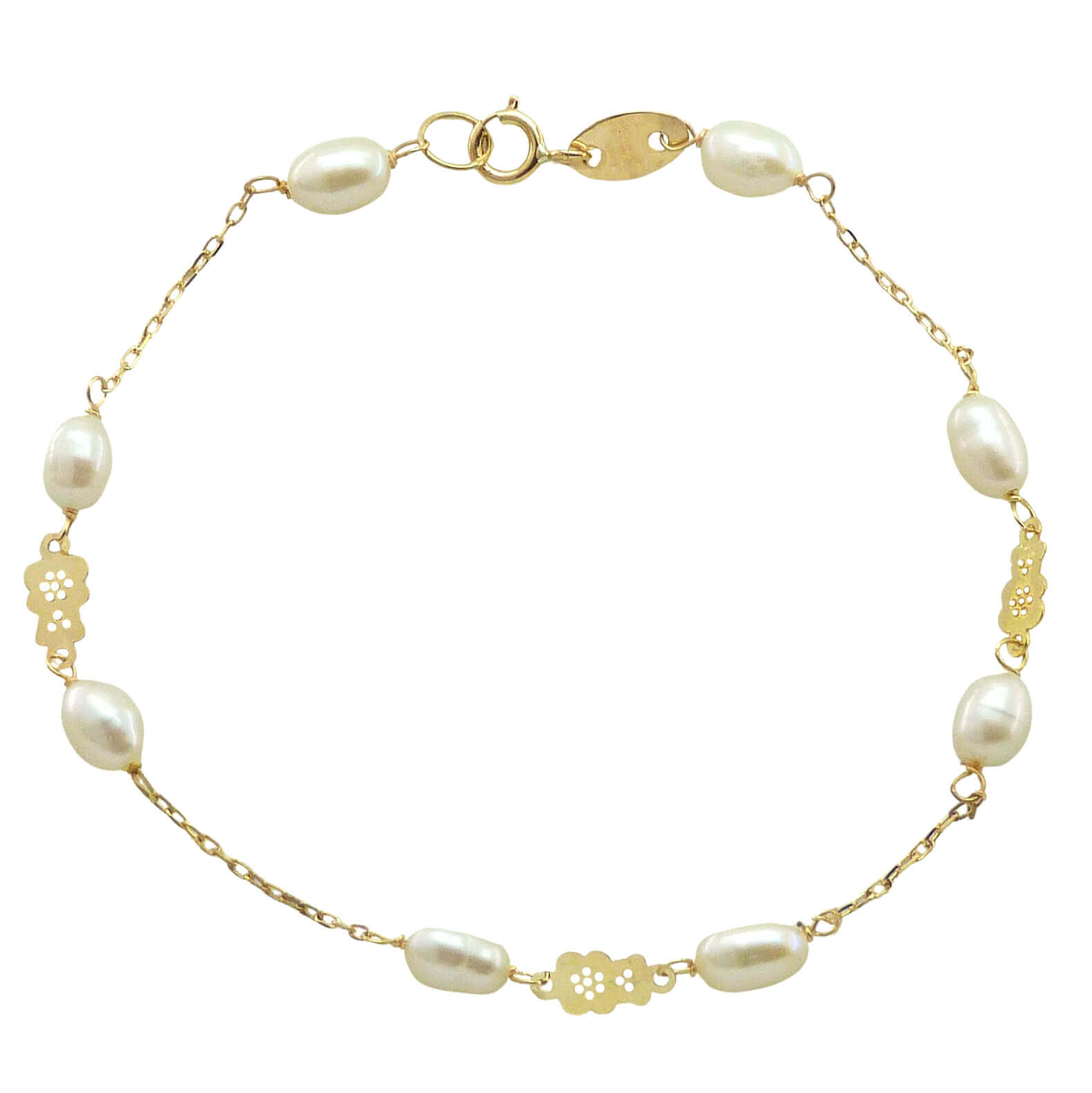Pulsera de comunión con perla natural y ositos oro 18k