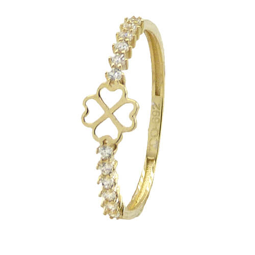 Anillo fino trébol de cuatro hojas y circonitas oro 18k