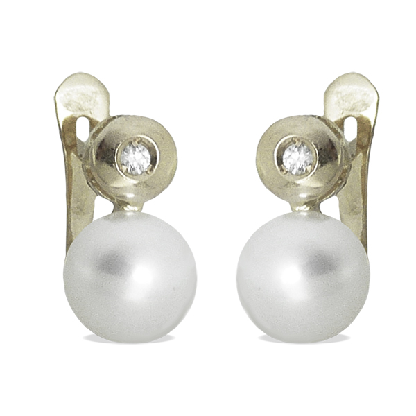 Pendientes chatón con diamantes y perlas de 6mm. oro blanco 18k