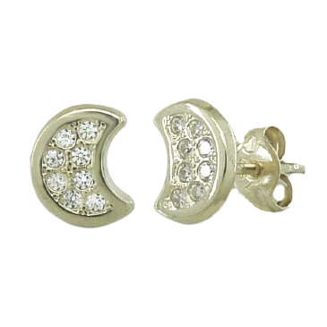 Pendientes media luna con circonitas oro blanco 18k