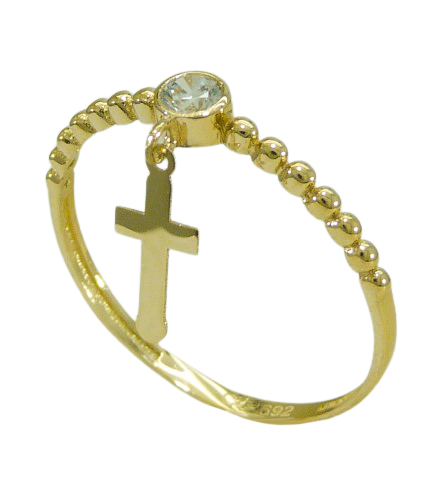 Anillo brillo bolas, cruz y circonita oro 18k